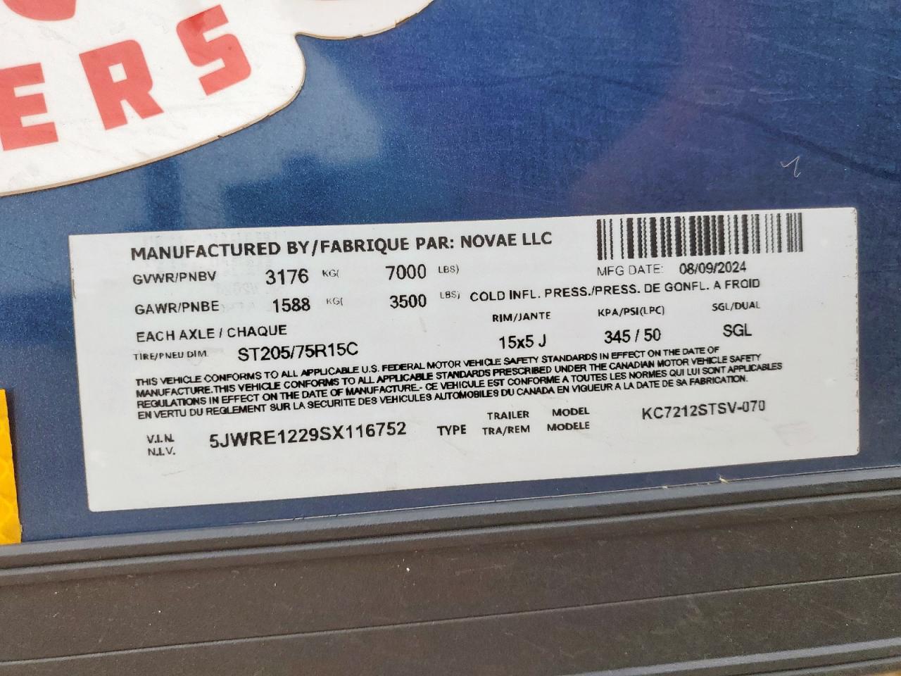 2025 Compass Kc7212Stsv-070 Enclosed Cargo Trailer VIN: 5JWRE1229SX116752 Lot: 71607465