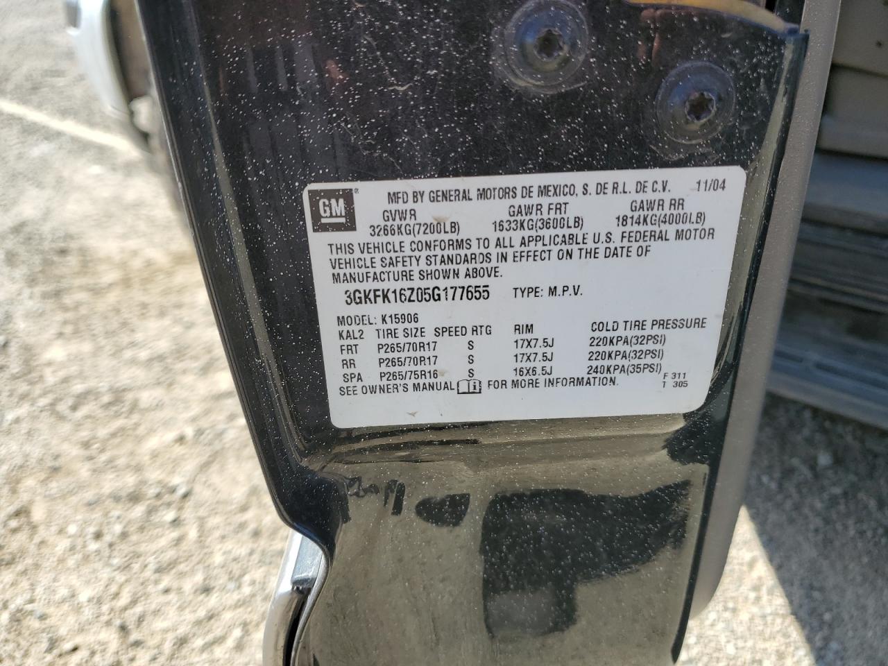 2005 GMC Yukon Xl K1500 VIN: 3GKFK16Z05G177655 Lot: 81078975