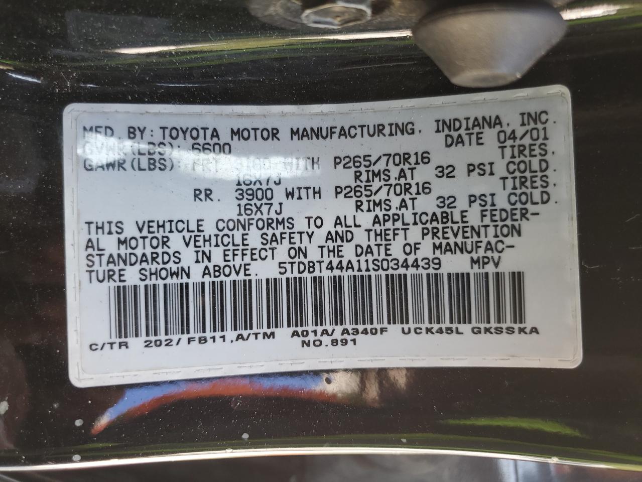 2001 Toyota Sequoia Sr5 VIN: 5TDBT44A11S034439 Lot: 81307735