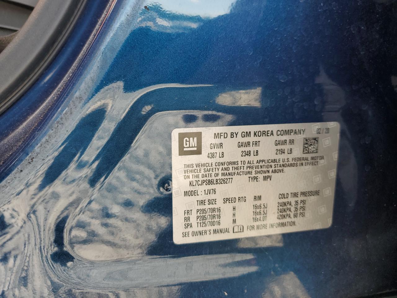 2020 Chevrolet Trax 1Lt VIN: KL7CJPSB6LB326277 Lot: 81102105