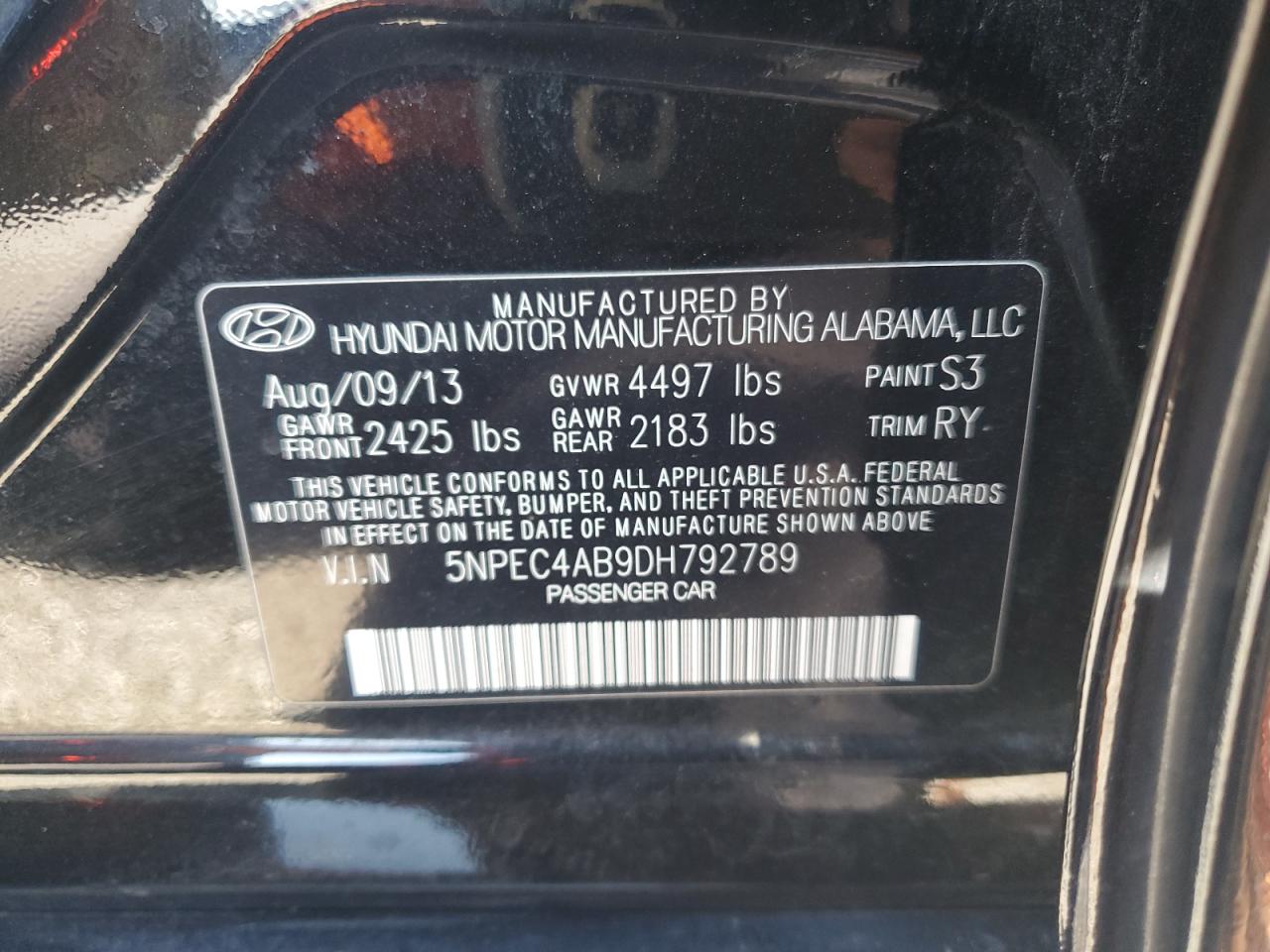 2013 Hyundai Sonata Se VIN: 5NPEC4AB9DH792789 Lot: 72029935