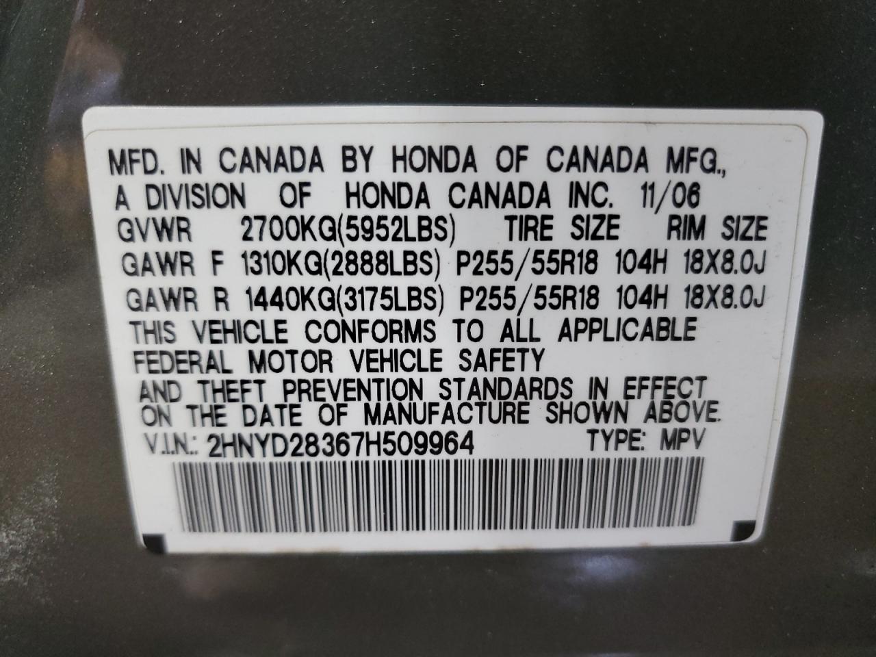 2007 Acura Mdx Technology VIN: 2HNYD28367H509964 Lot: 80436745