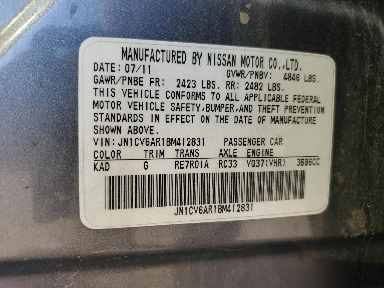 2011 Infiniti G37 VIN: JN1CV6AR1BM412831 Lot: 81903615