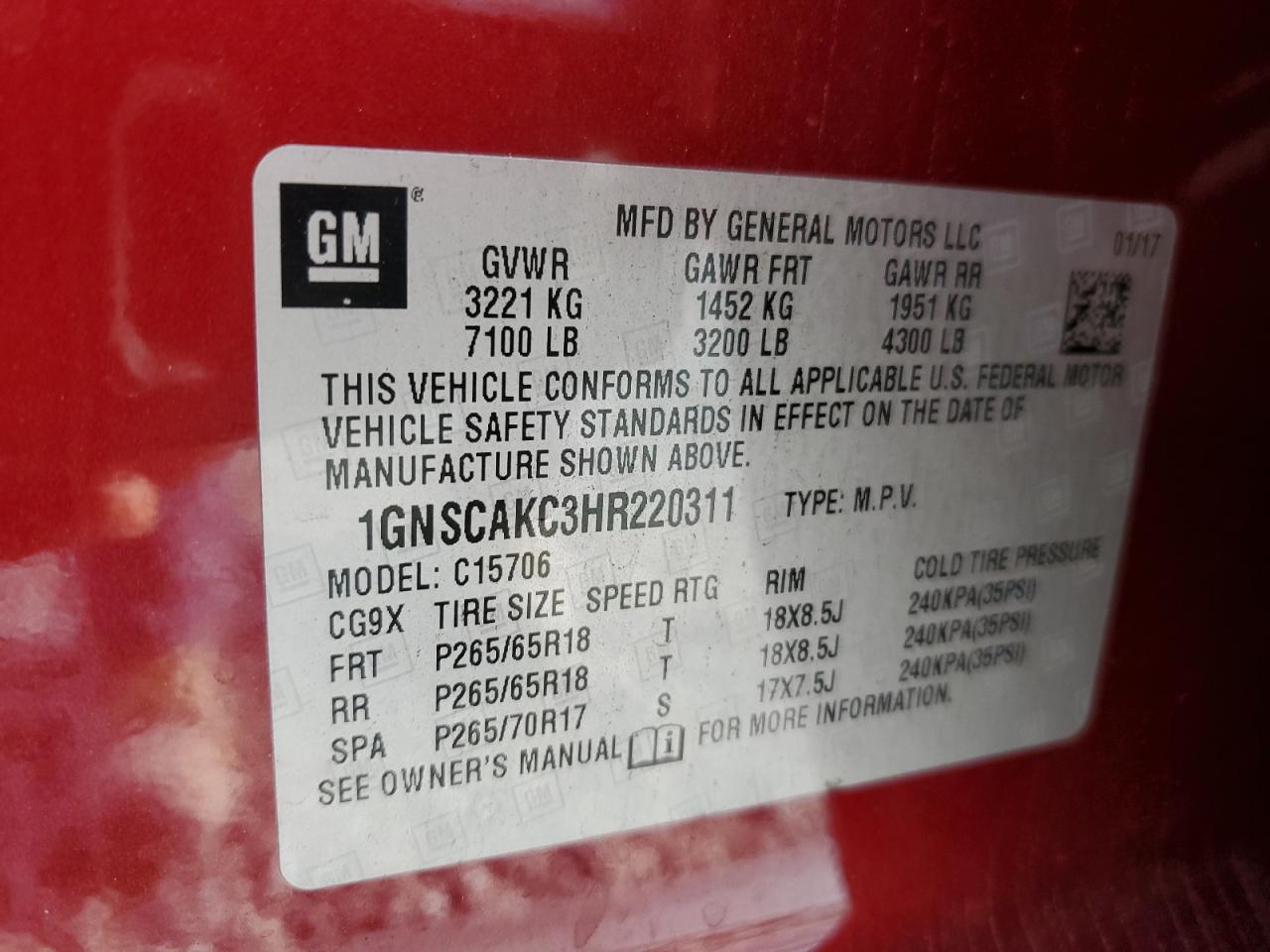 2017 Chevrolet Tahoe C1500 Ls VIN: 1GNSCAKC3HR220311 Lot: 81890065