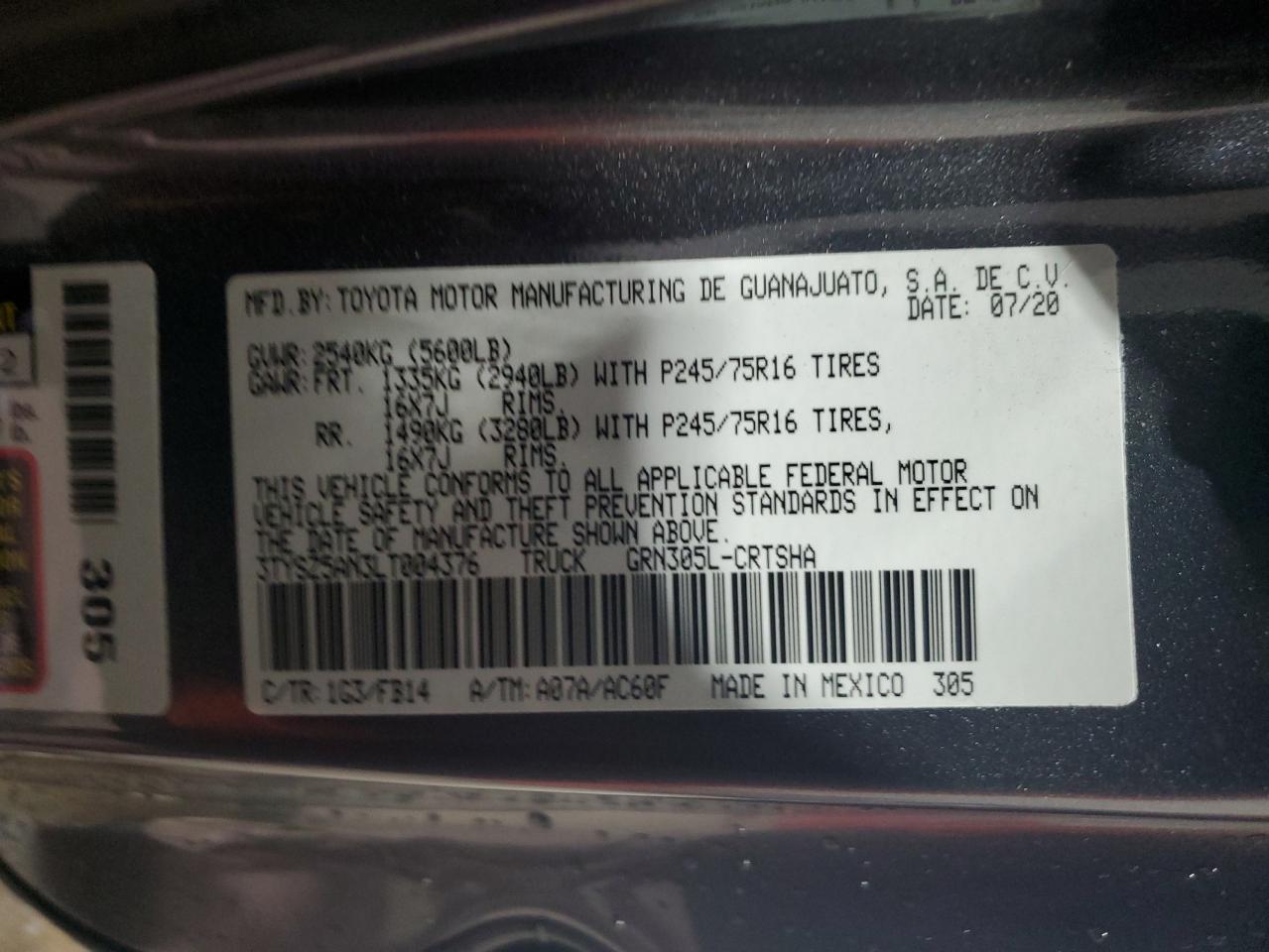 2020 Toyota Tacoma Access Cab VIN: 3TYSZ5AN3LT004376 Lot: 81601185