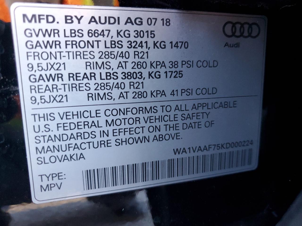 2019 Audi Q7 Prestige VIN: WA1VAAF75KD000224 Lot: 83838705