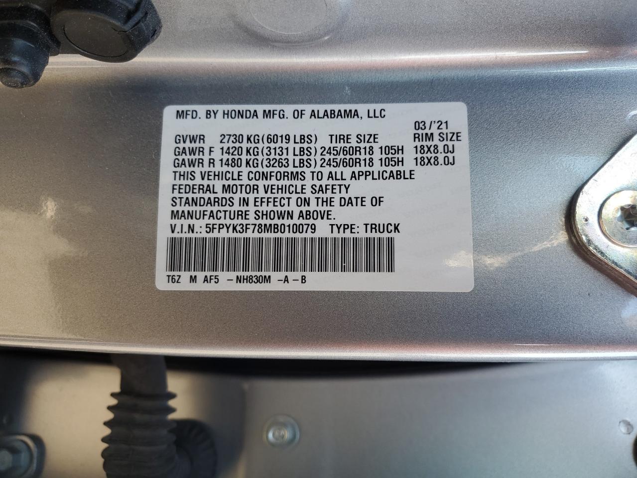 2021 Honda Ridgeline Rtl VIN: 5FPYK3F78MB010079 Lot: 71866615