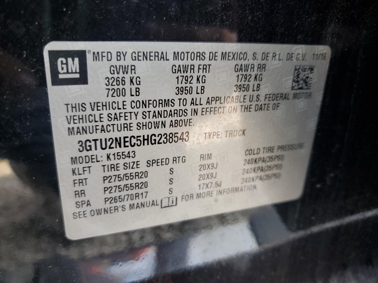 2017 GMC Sierra K1500 Slt VIN: 3GTU2NEC5HG238543 Lot: 80351565