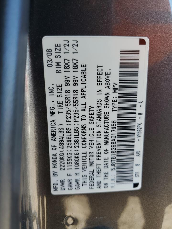 2008 Acura Rdx VIN: 5J8TB18268A017458 Lot: 72036235