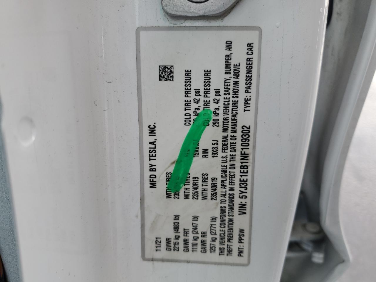 2022 Tesla Model 3 VIN: 5YJ3E1EB1NF109302 Lot: 71026935