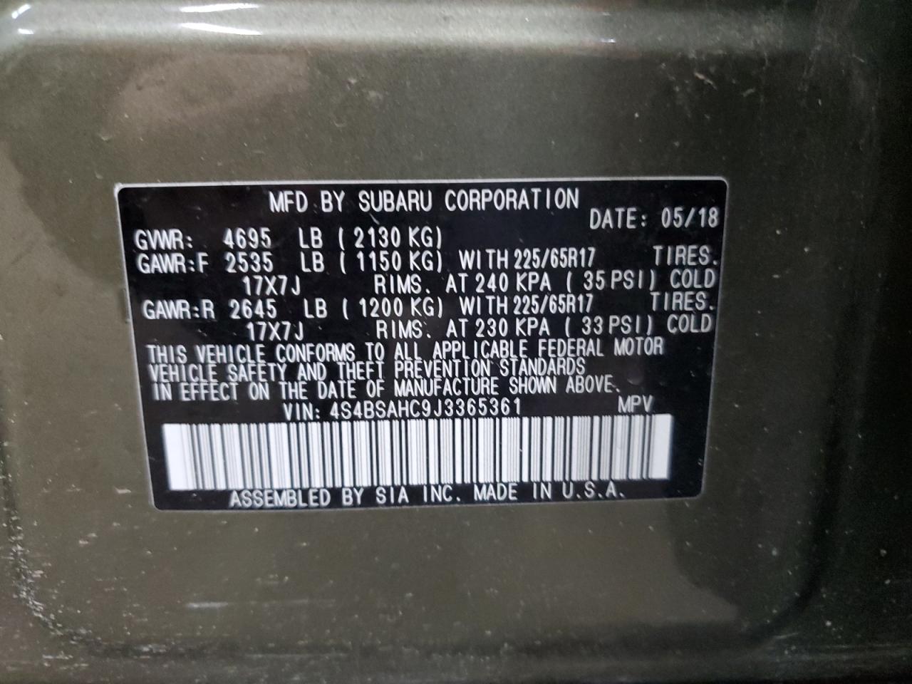 2018 Subaru Outback 2.5I Premium VIN: 4S4BSAHC9J3365361 Lot: 70945655