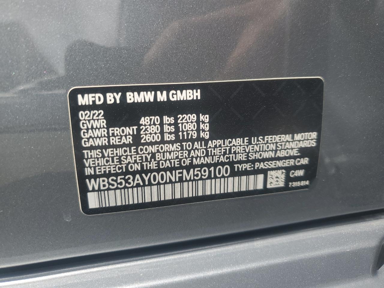 2022 BMW M3 VIN: WBS53AY00NFM59100 Lot: 67632085