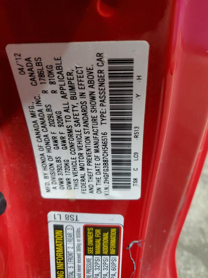 2012 Honda Civic Ex VIN: 2HGFG3B87CH546516 Lot: 81509225