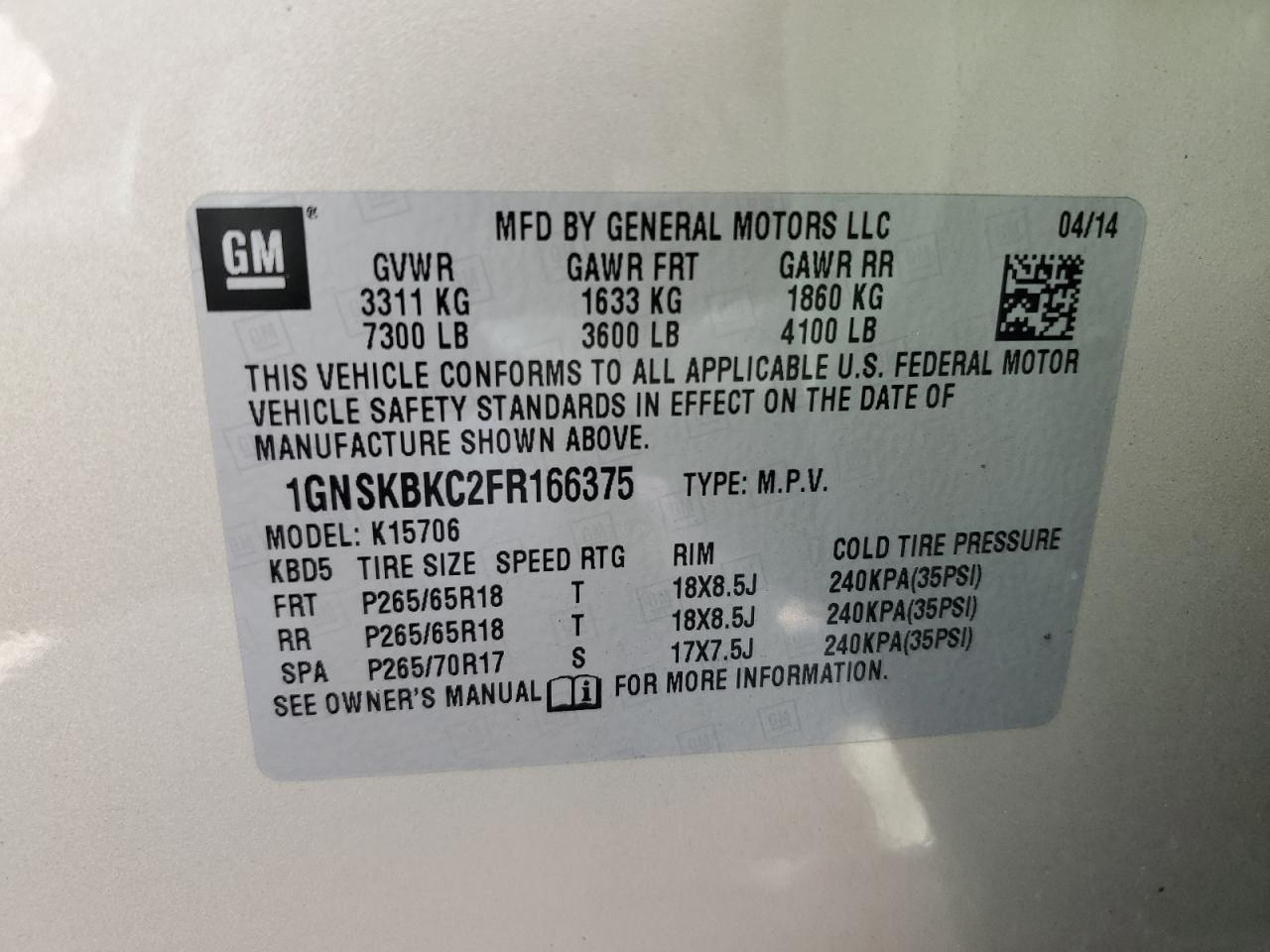 2015 Chevrolet Tahoe K1500 Lt VIN: 1GNSKBKC2FR166375 Lot: 80319435