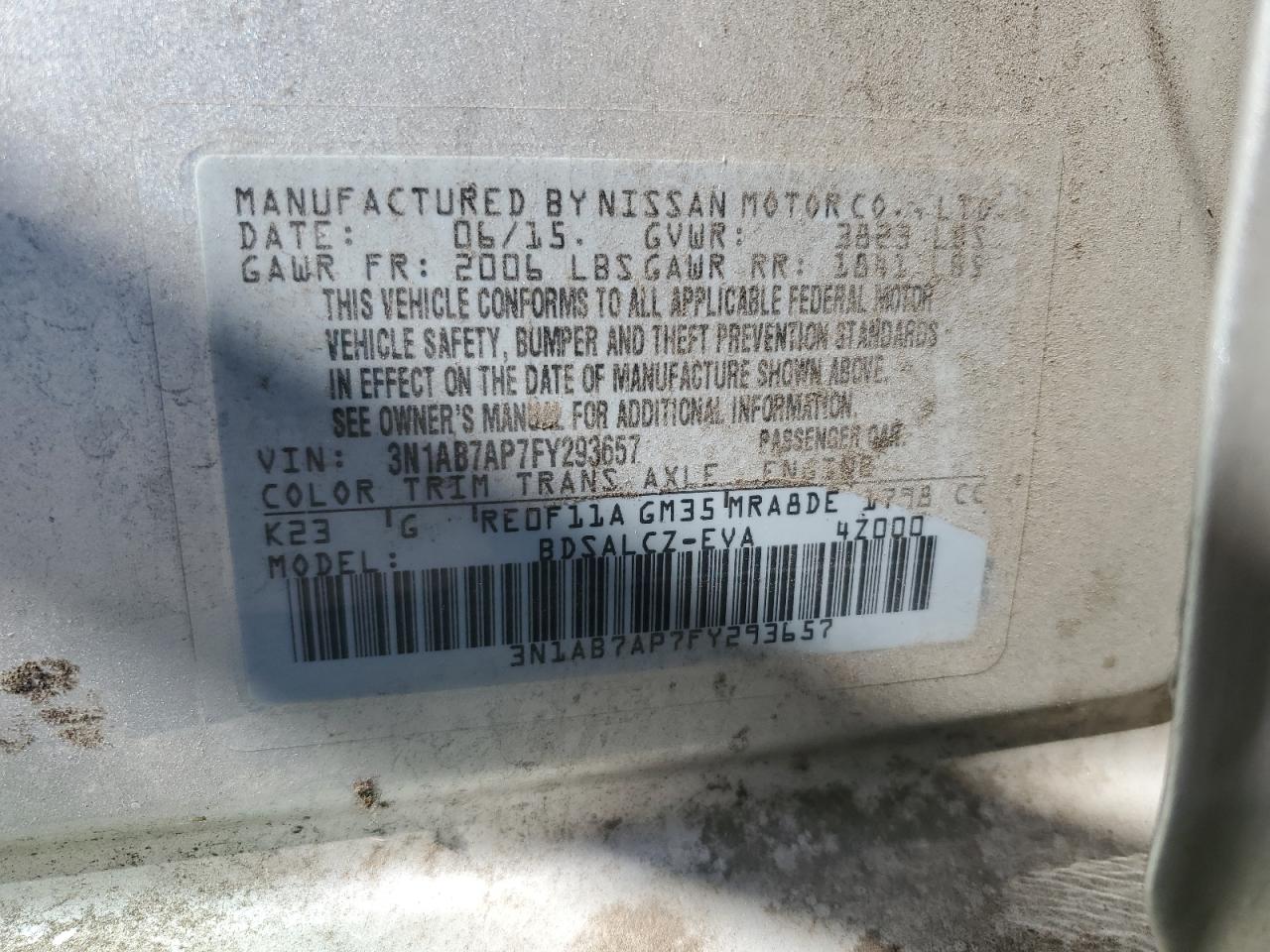 2015 Nissan Sentra S VIN: 3N1AB7AP7FY293657 Lot: 81857445