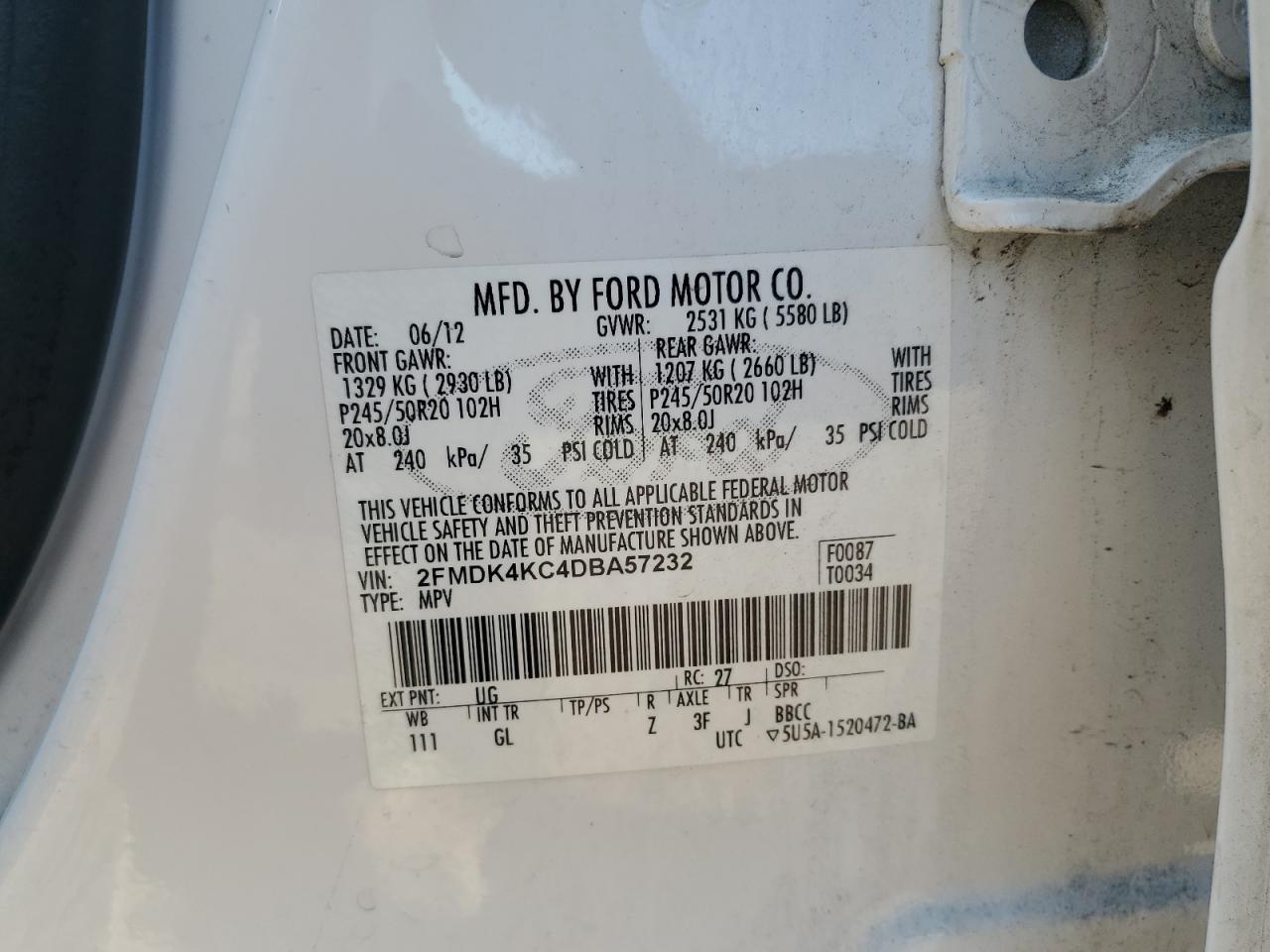 2013 Ford Edge Limited VIN: 2FMDK4KC4DBA57232 Lot: 70864735