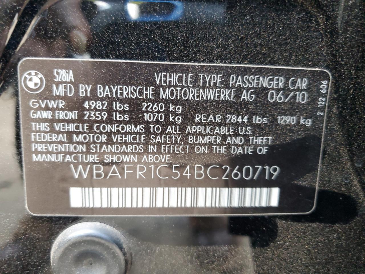 2011 BMW 528 I VIN: WBAFR1C54BC260719 Lot: 81096595