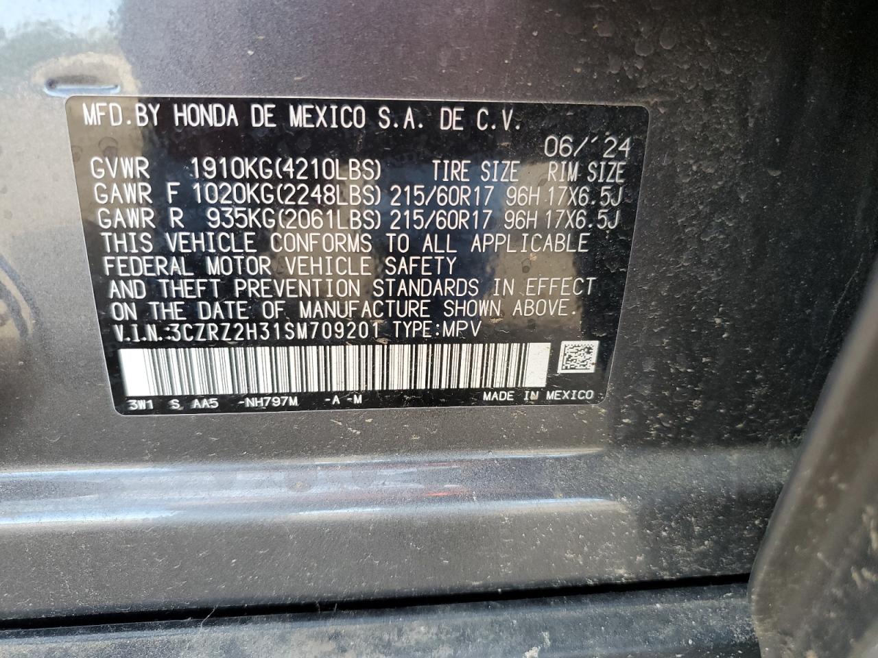 2025 Honda Hr-V Lx VIN: 3CZRZ2H31SM709201 Lot: 80948065