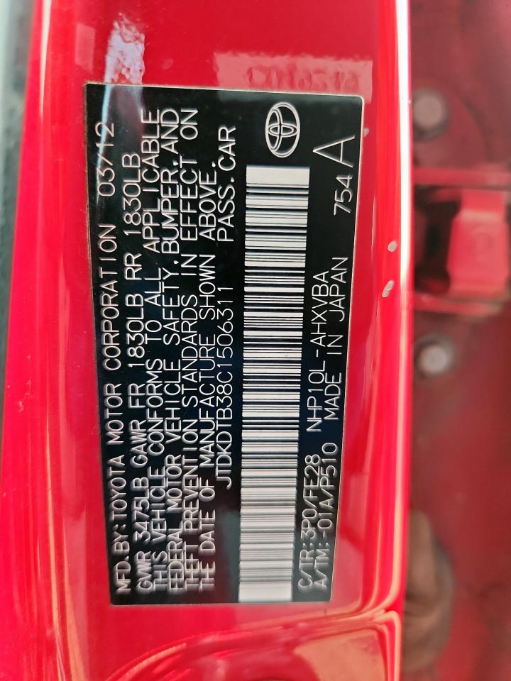 2012 Toyota Prius C VIN: JTDKDTB38C1506311 Lot: 80925545