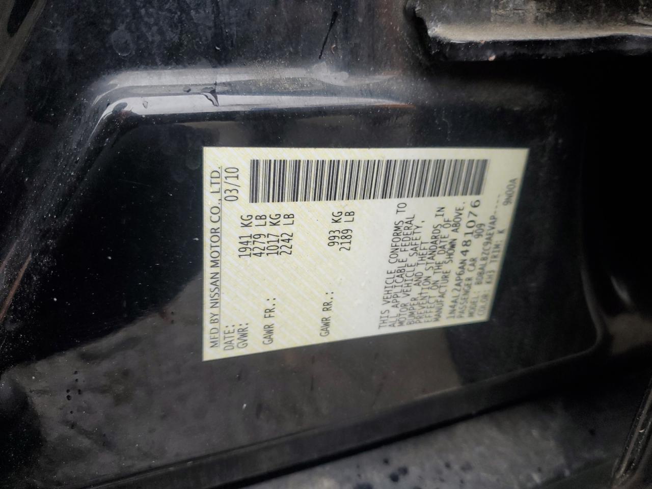 2010 Nissan Altima Base VIN: 1N4AL2AP6AN481076 Lot: 80554065