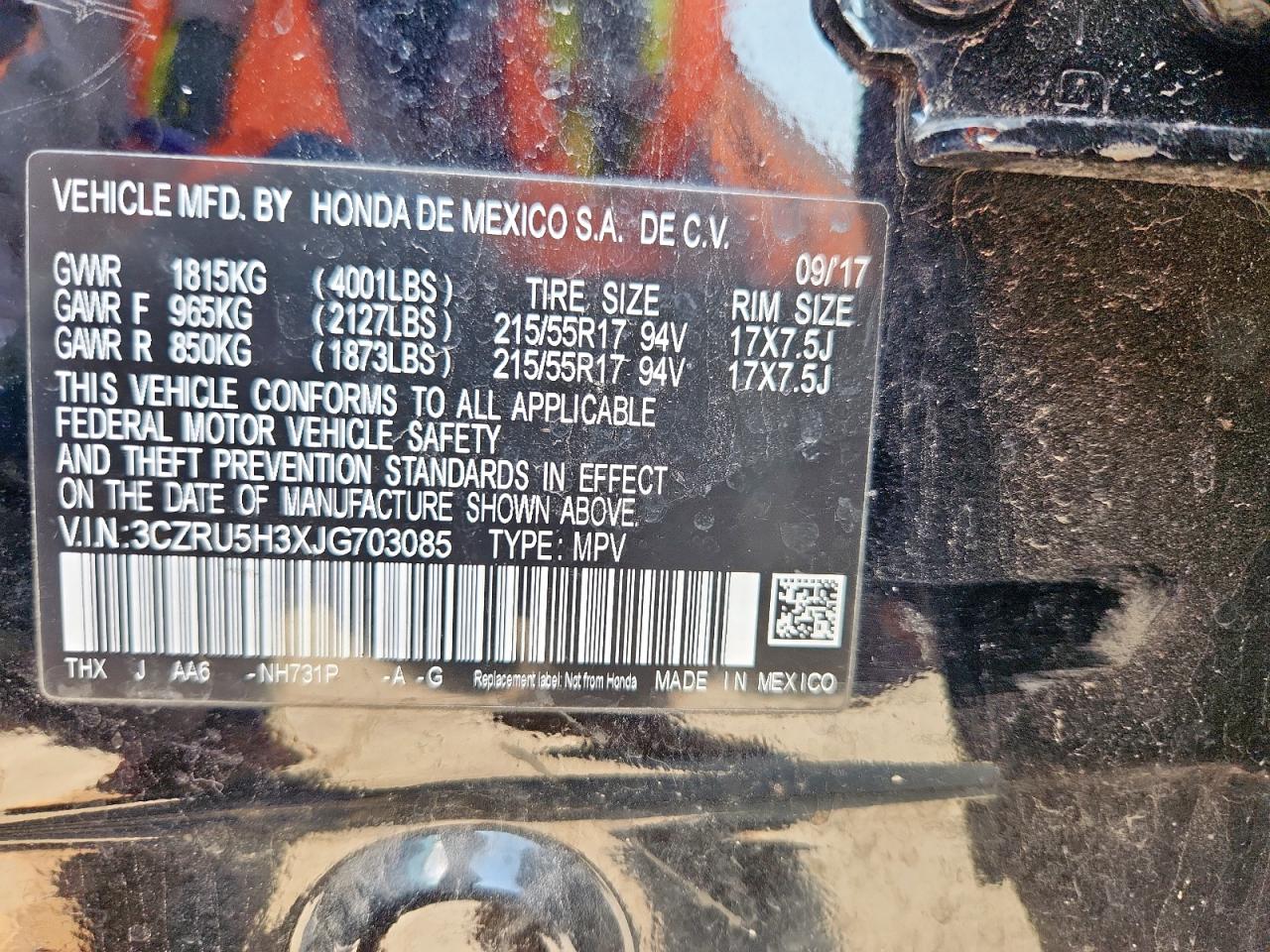 2018 Honda Hr-V Lx VIN: 3CZRU5H3XJG703085 Lot: 84264565