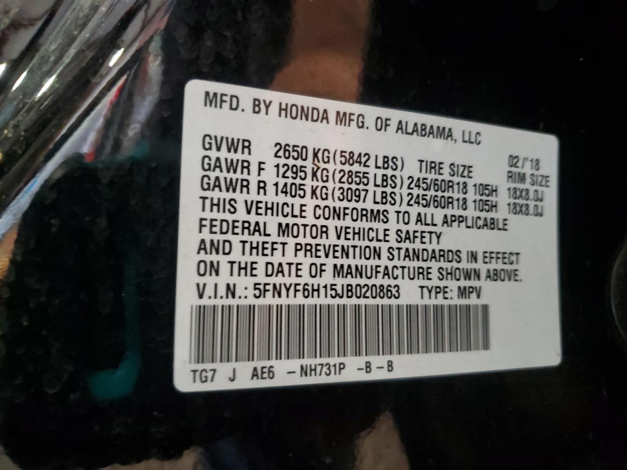 2018 Honda Pilot Lx VIN: 5FNYF6H15JB020863 Lot: 80826215