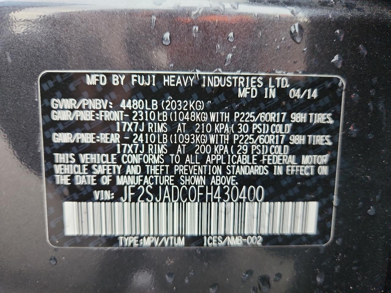 2015 Subaru Forester 2.5I Premium VIN: JF2SJADC0FH430400 Lot: 80823995