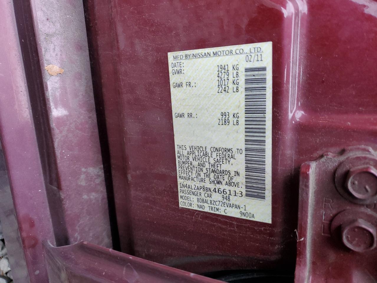 2011 Nissan Altima Base VIN: 1N4AL2AP8BN466113 Lot: 81707945