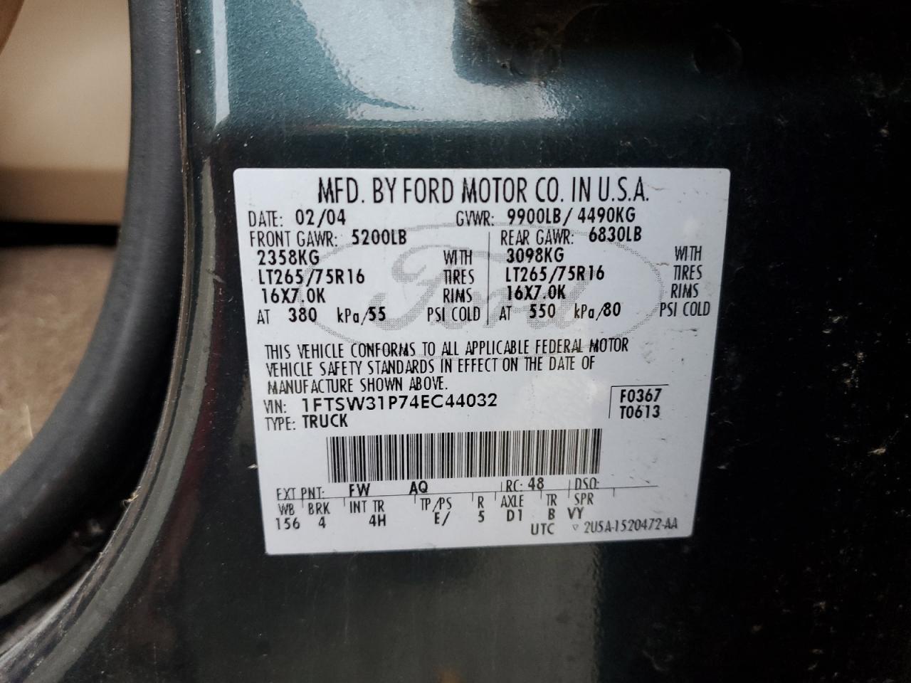 2004 Ford F350 Srw Super Duty VIN: 1FTSW31P74EC44032 Lot: 81573475