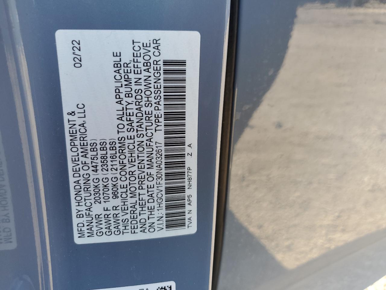 2022 Honda Accord Sport VIN: 1HGCV1F30NA032617 Lot: 81405225