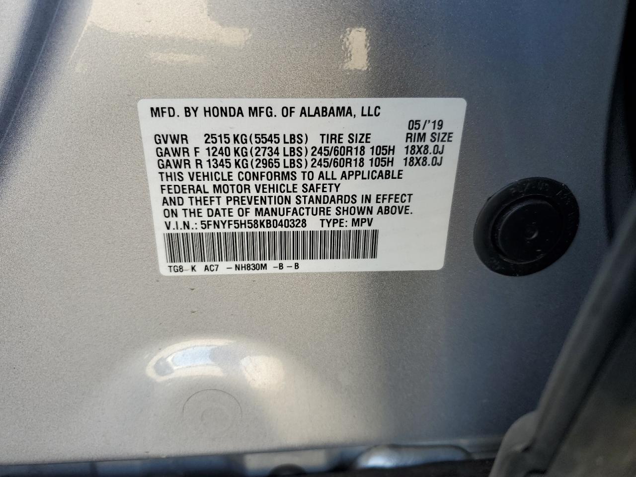 2019 Honda Pilot Exl VIN: 5FNYF5H58KB040328 Lot: 80876145