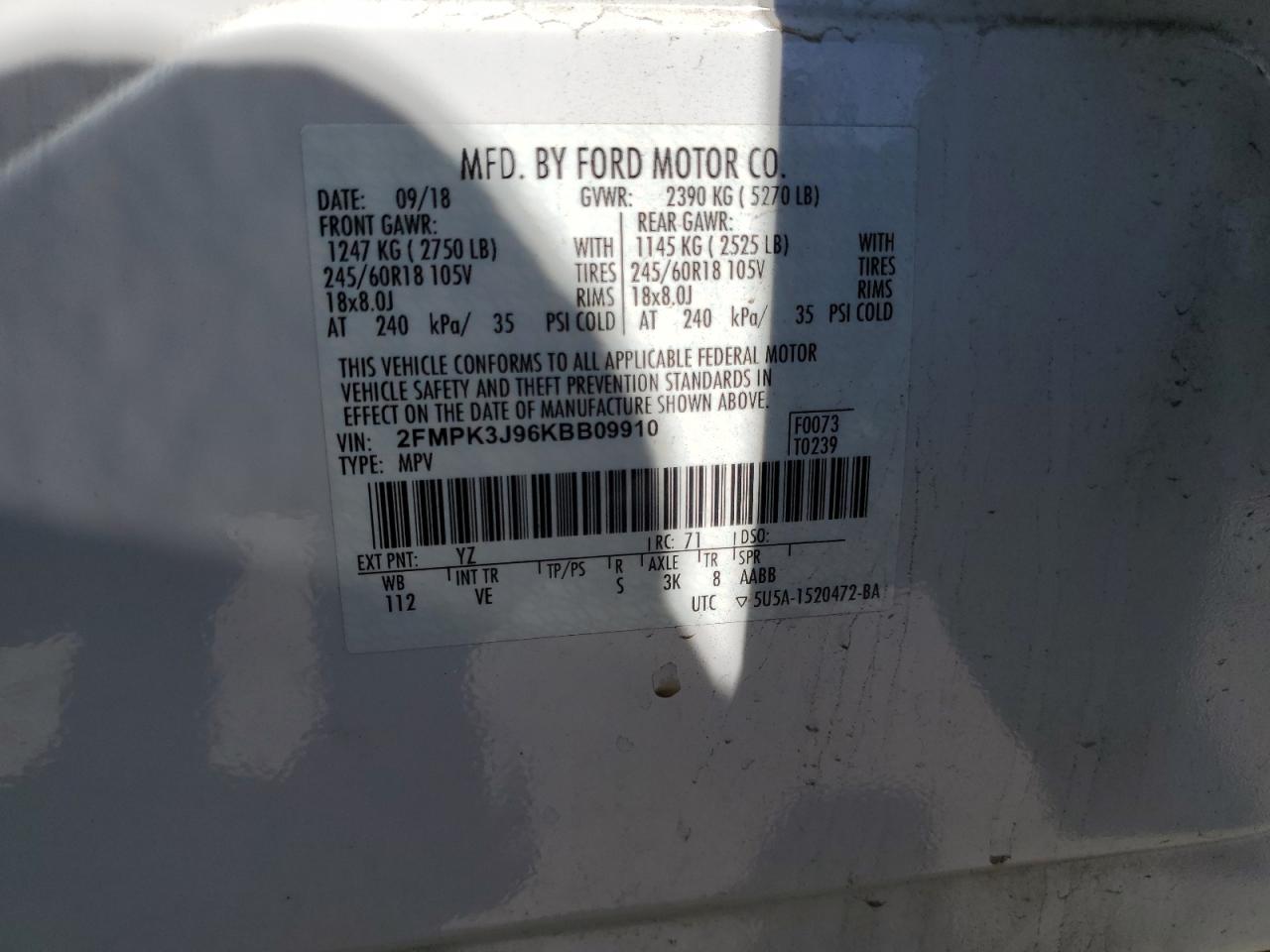 2019 Ford Edge Sel VIN: 2FMPK3J96KBB09910 Lot: 82136985