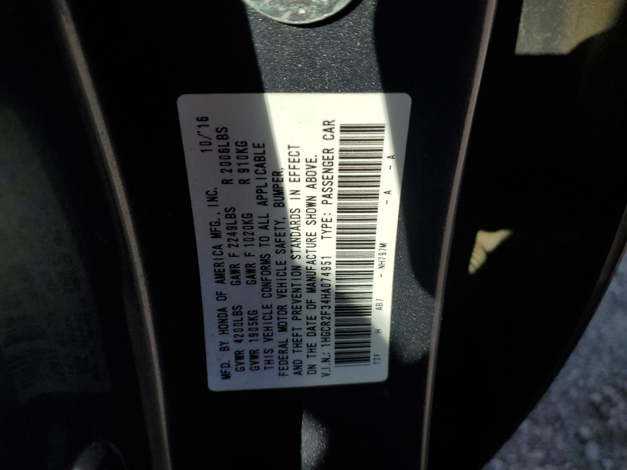 2017 Honda Accord Lx VIN: 1HGCR2F34HA074951 Lot: 81877135