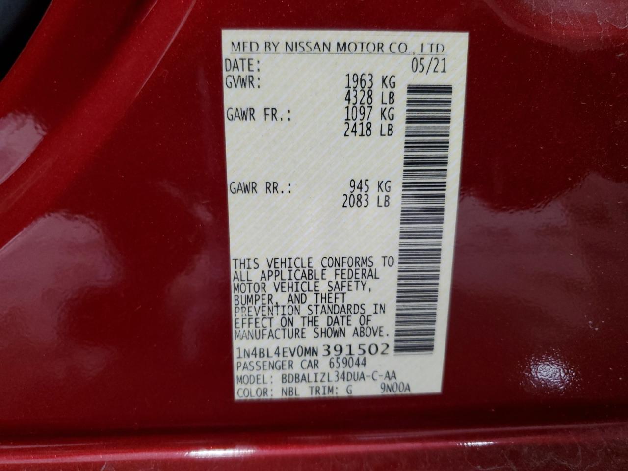 2021 Nissan Altima Sl VIN: 1N4BL4EV0MN391502 Lot: 80631805