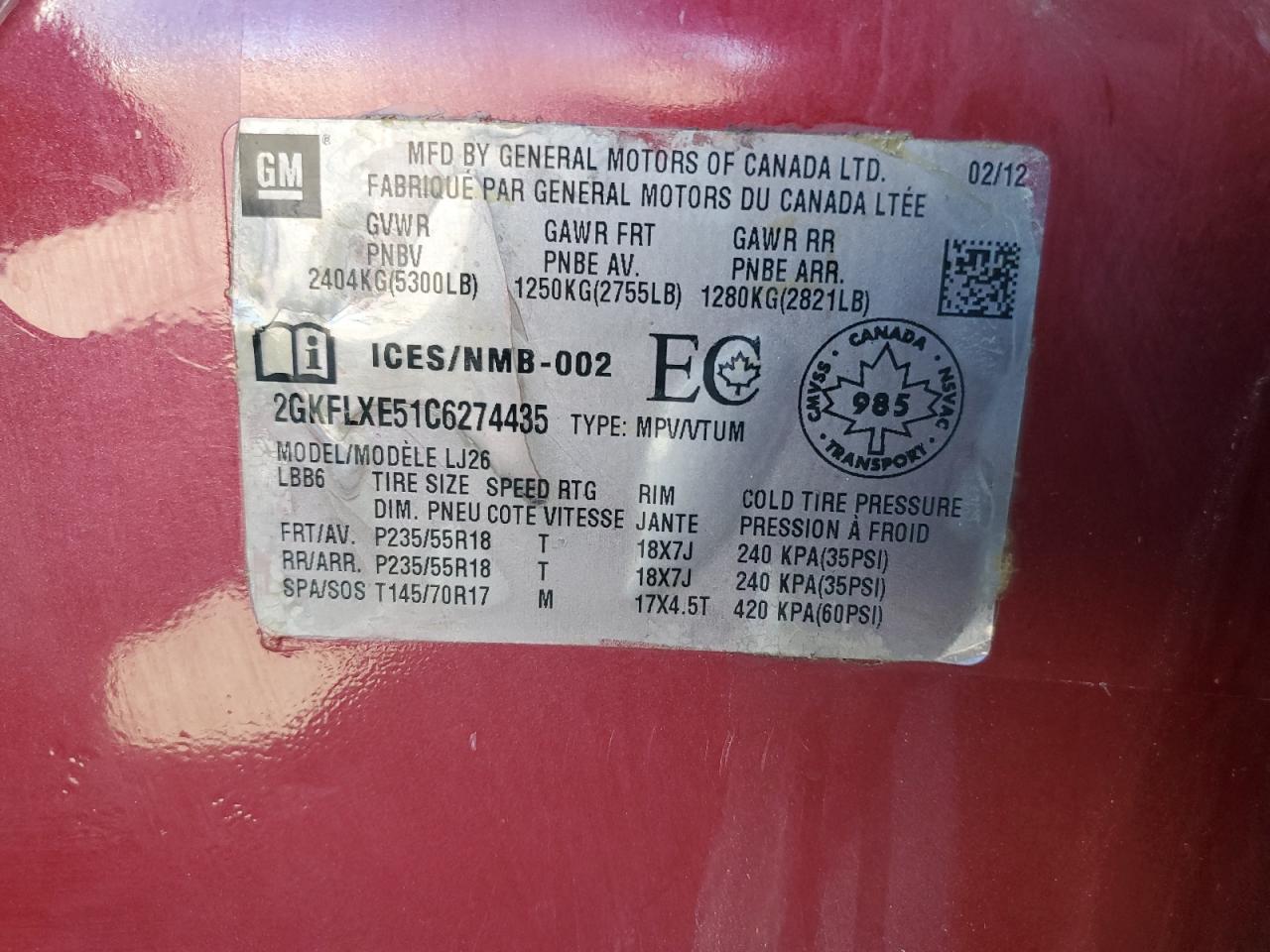 2012 GMC Terrain Slt VIN: 2GKFLXE51C6274435 Lot: 83876645