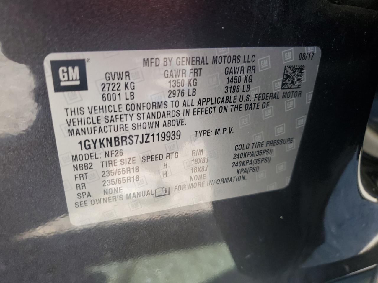 2018 Cadillac Xt5 VIN: 1GYKNBRS7JZ119939 Lot: 70851375