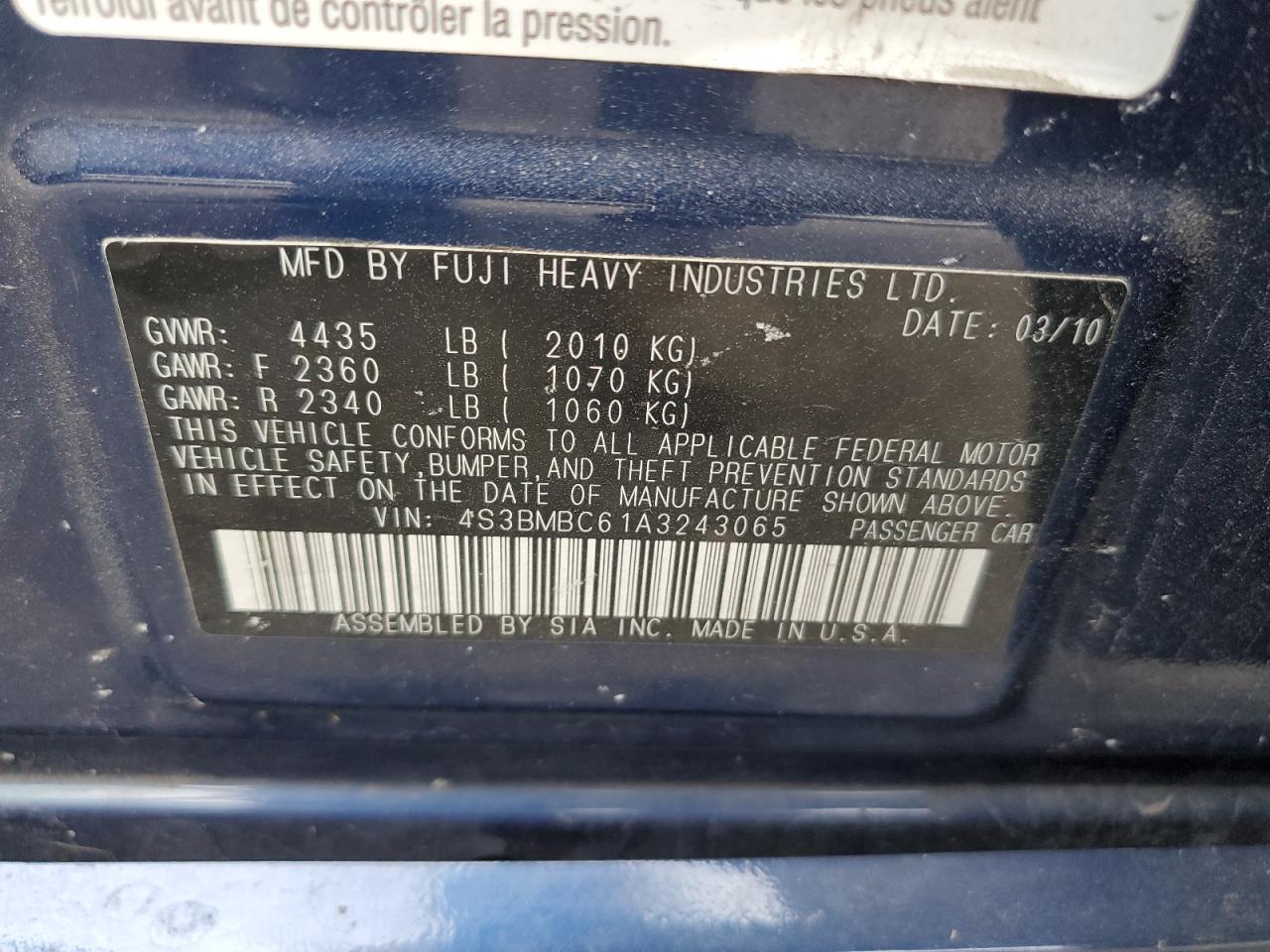 2010 Subaru Legacy 2.5I Premium VIN: 4S3BMBC61A3243065 Lot: 80881075