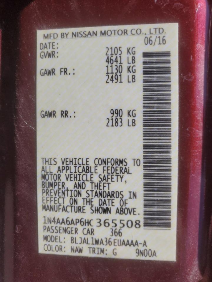 2017 Nissan Maxima 3.5S VIN: 1N4AA6AP6HC365508 Lot: 70526685