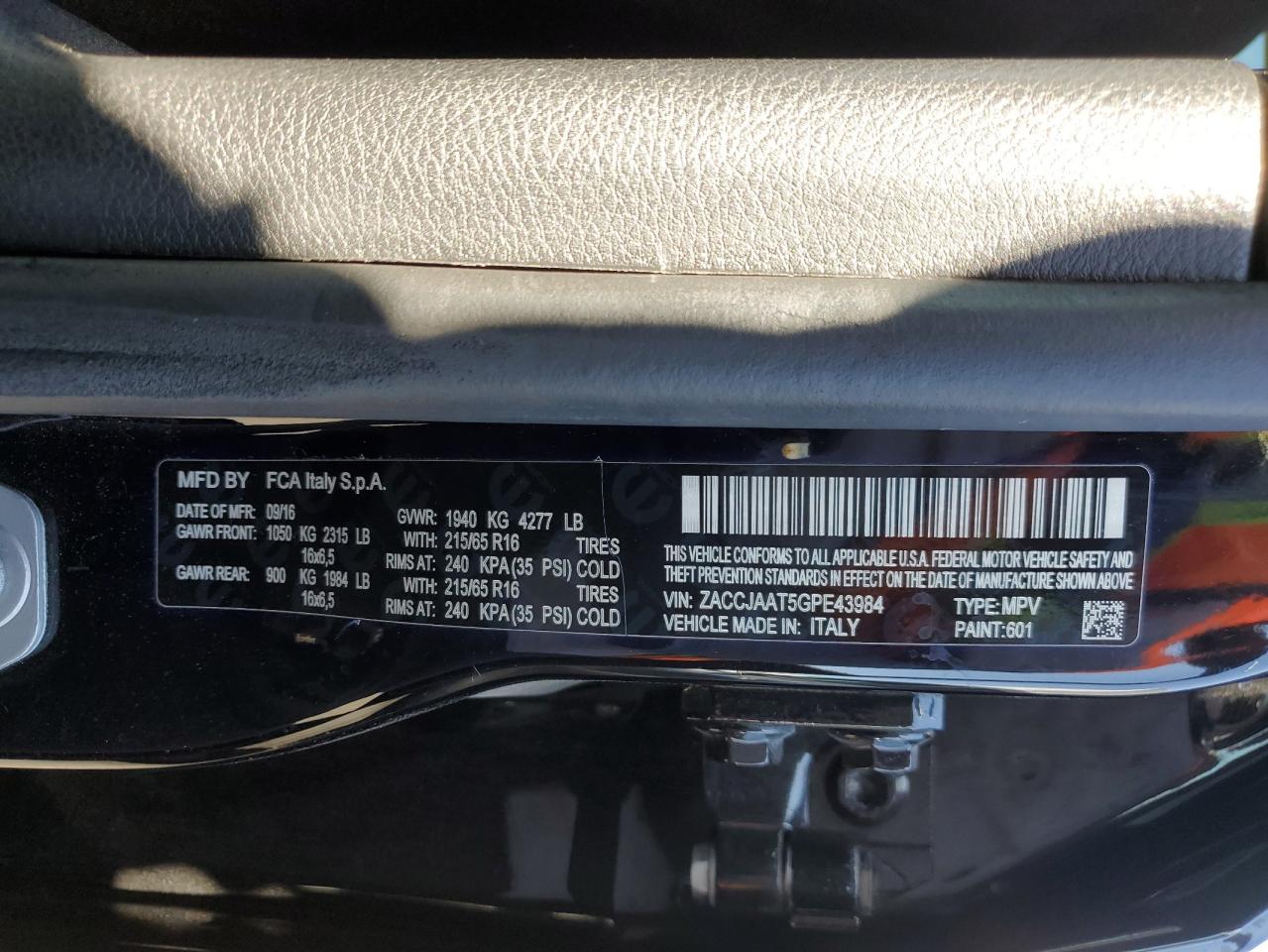 2016 Jeep Renegade Sport VIN: ZACCJAAT5GPE43984 Lot: 80622885