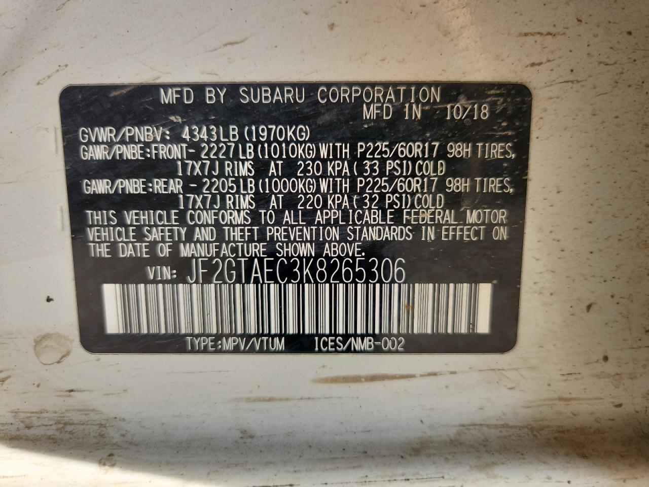 2019 Subaru Crosstrek Premium VIN: JF2GTAEC3K8265306 Lot: 80953715