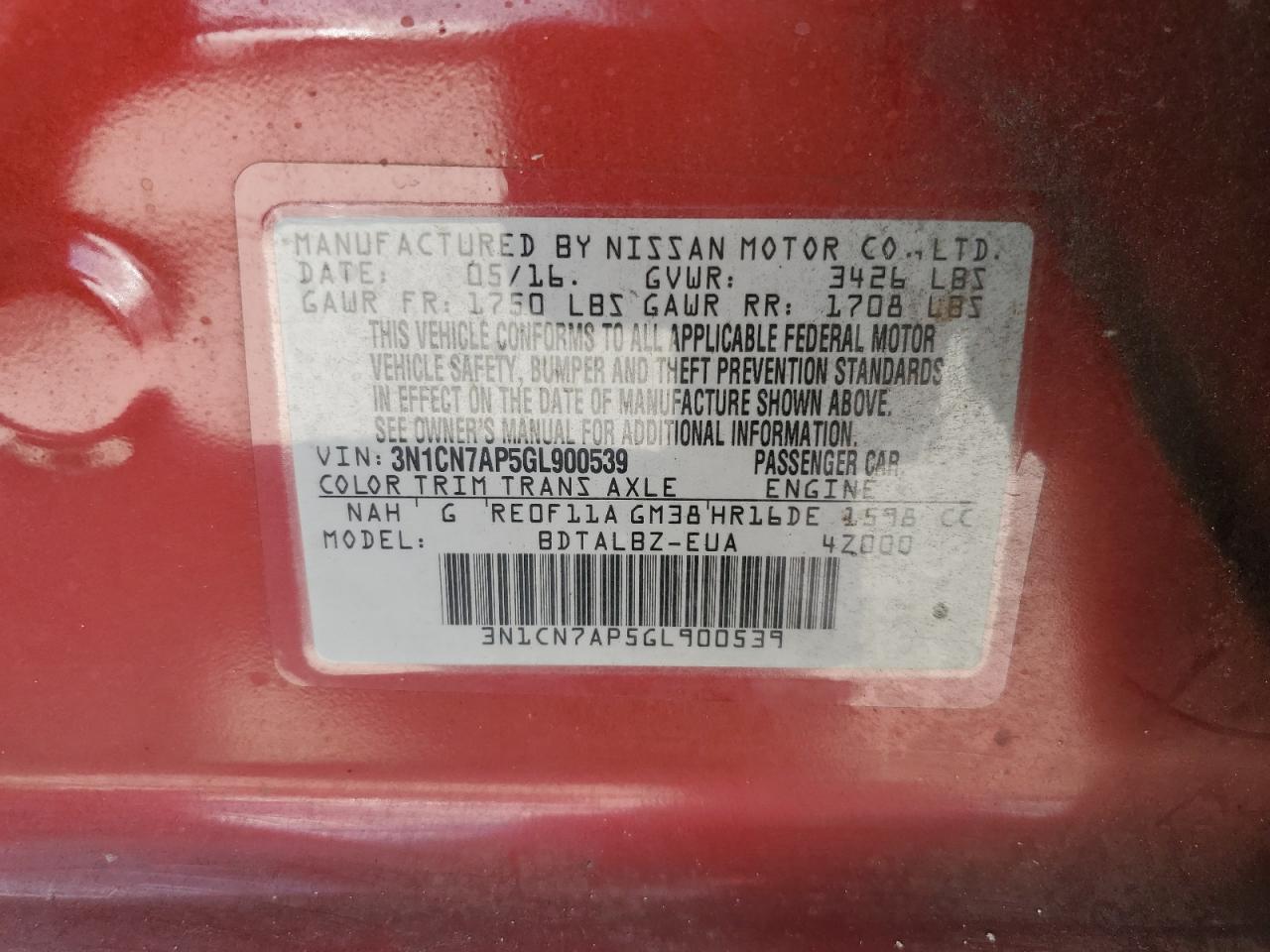 2016 Nissan Versa S VIN: 3N1CN7AP5GL900539 Lot: 71493595