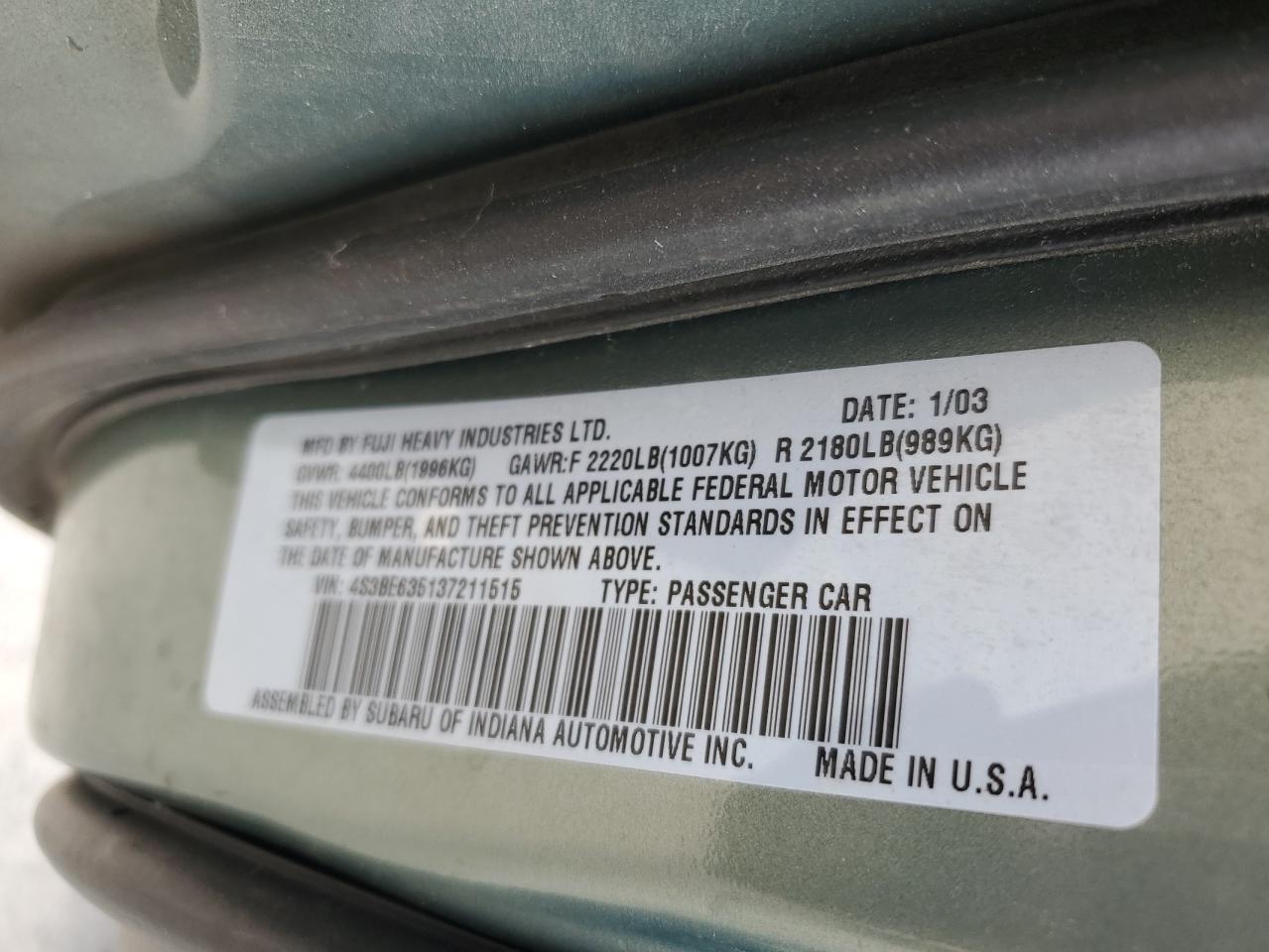 2003 Subaru Legacy L VIN: 4S3BE635137211515 Lot: 81848105