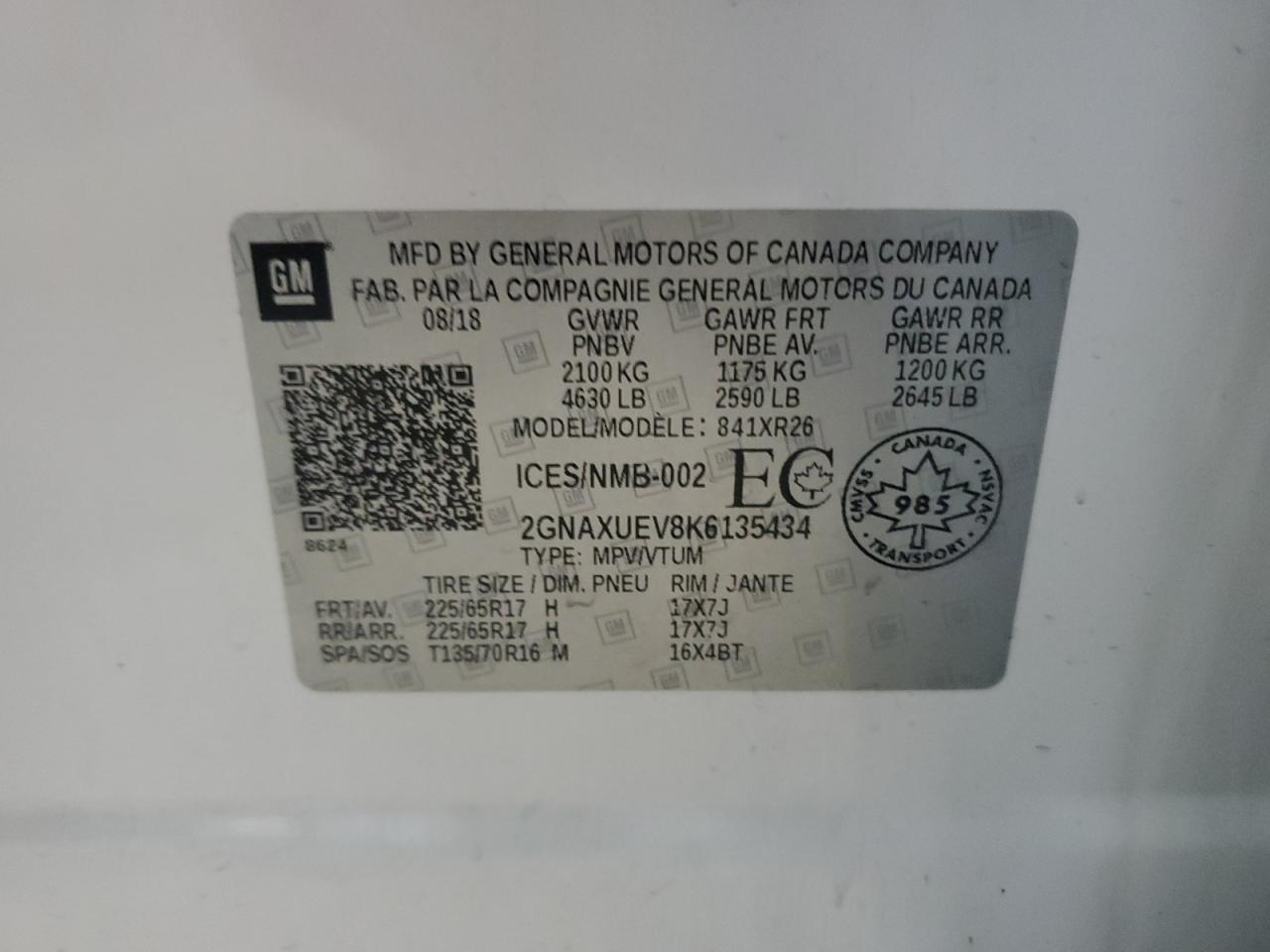 2019 Chevrolet Equinox Lt VIN: 2GNAXUEV8K6135434 Lot: 72050735