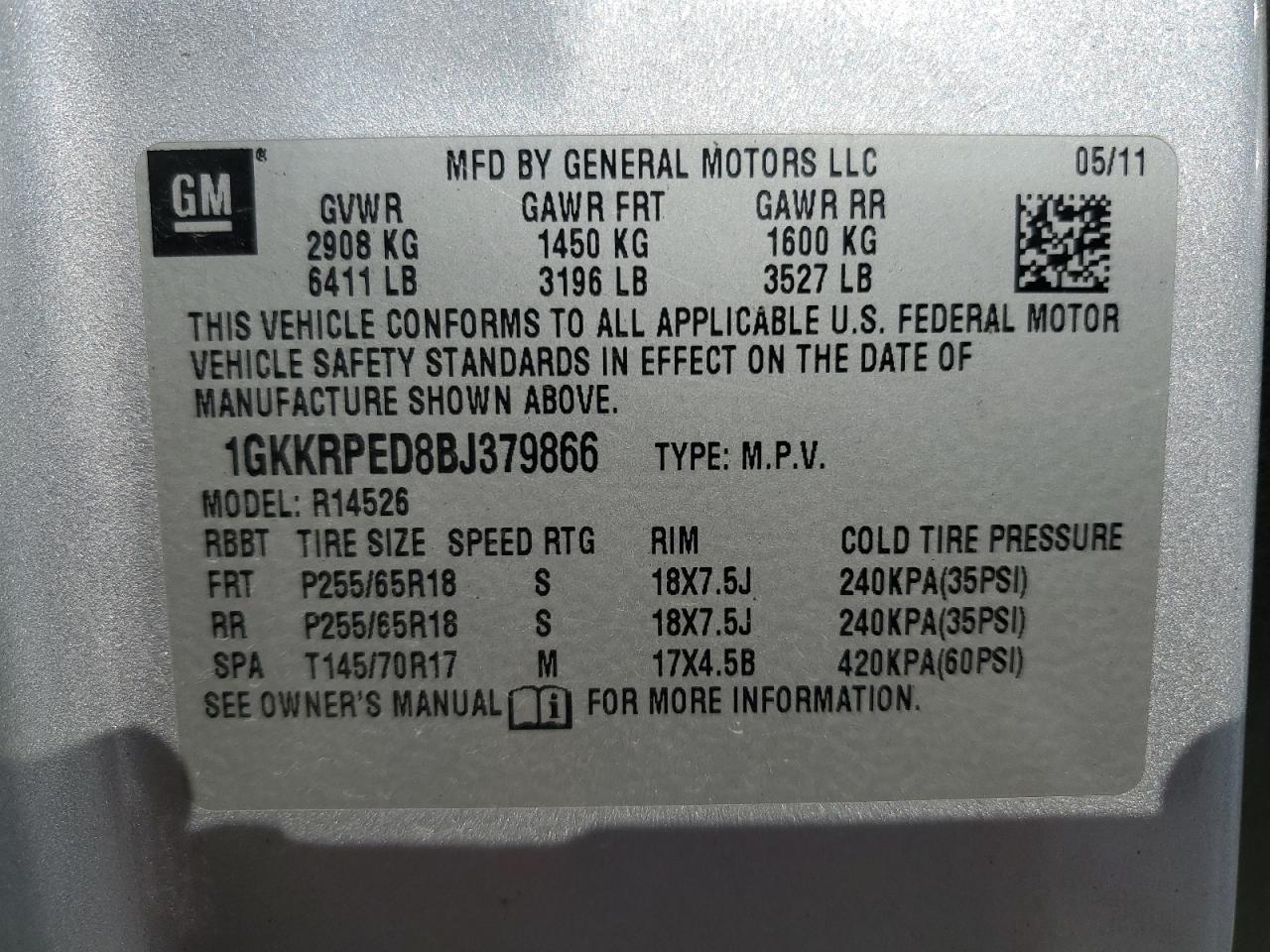 2011 GMC Acadia Sle VIN: 1GKKRPED8BJ379866 Lot: 80126945