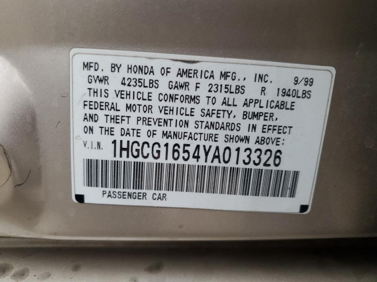 2000 Honda Accord Ex VIN: 1HGCG1654YA013326 Lot: 84299725