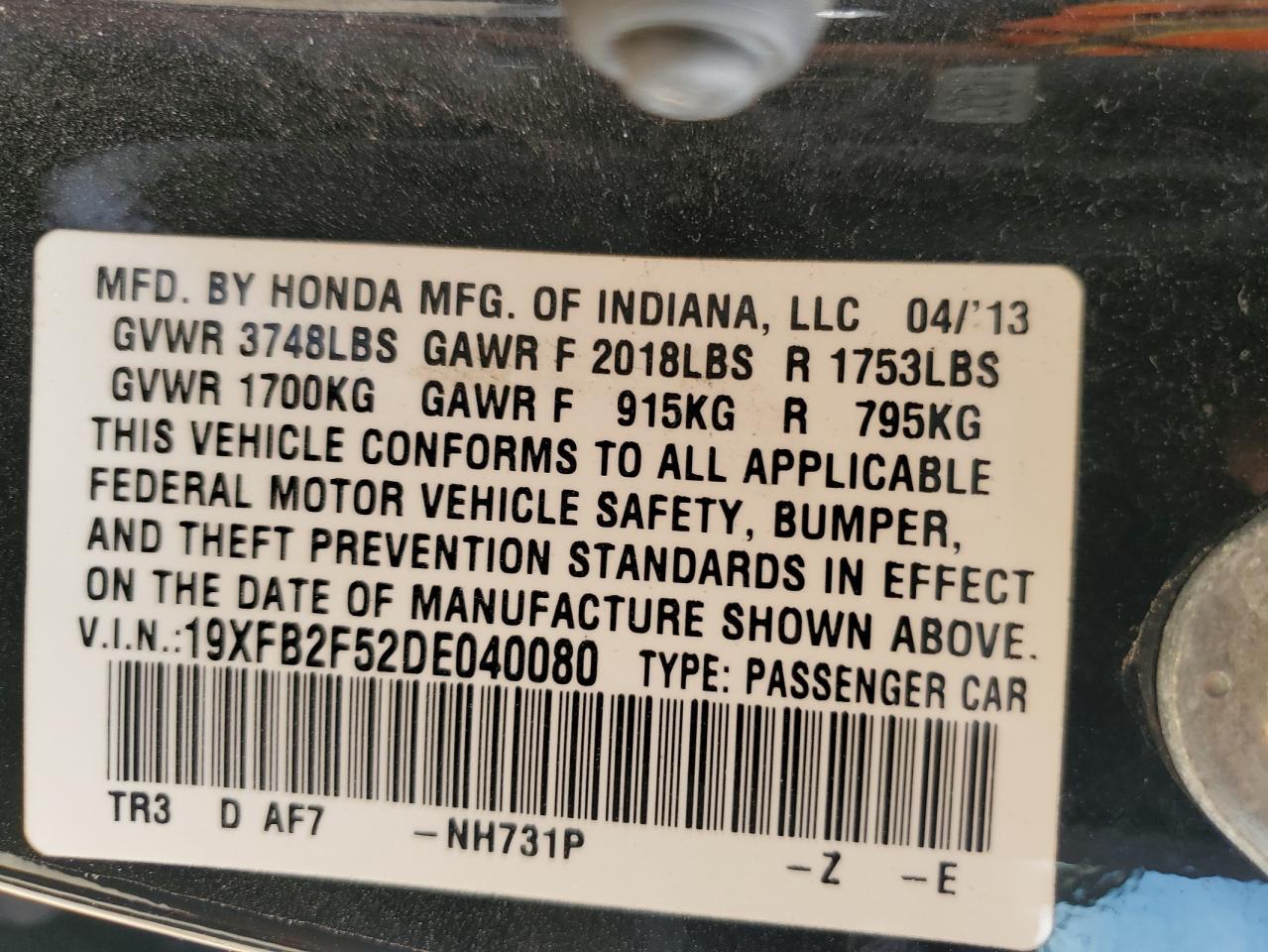 2013 Honda Civic Lx VIN: 19XFB2F52DE040080 Lot: 71990085