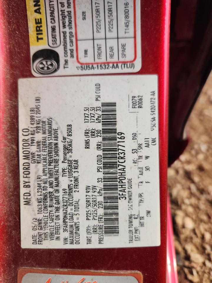 2012 Ford Fusion Se VIN: 3FAHP0HA7CR377169 Lot: 71276245