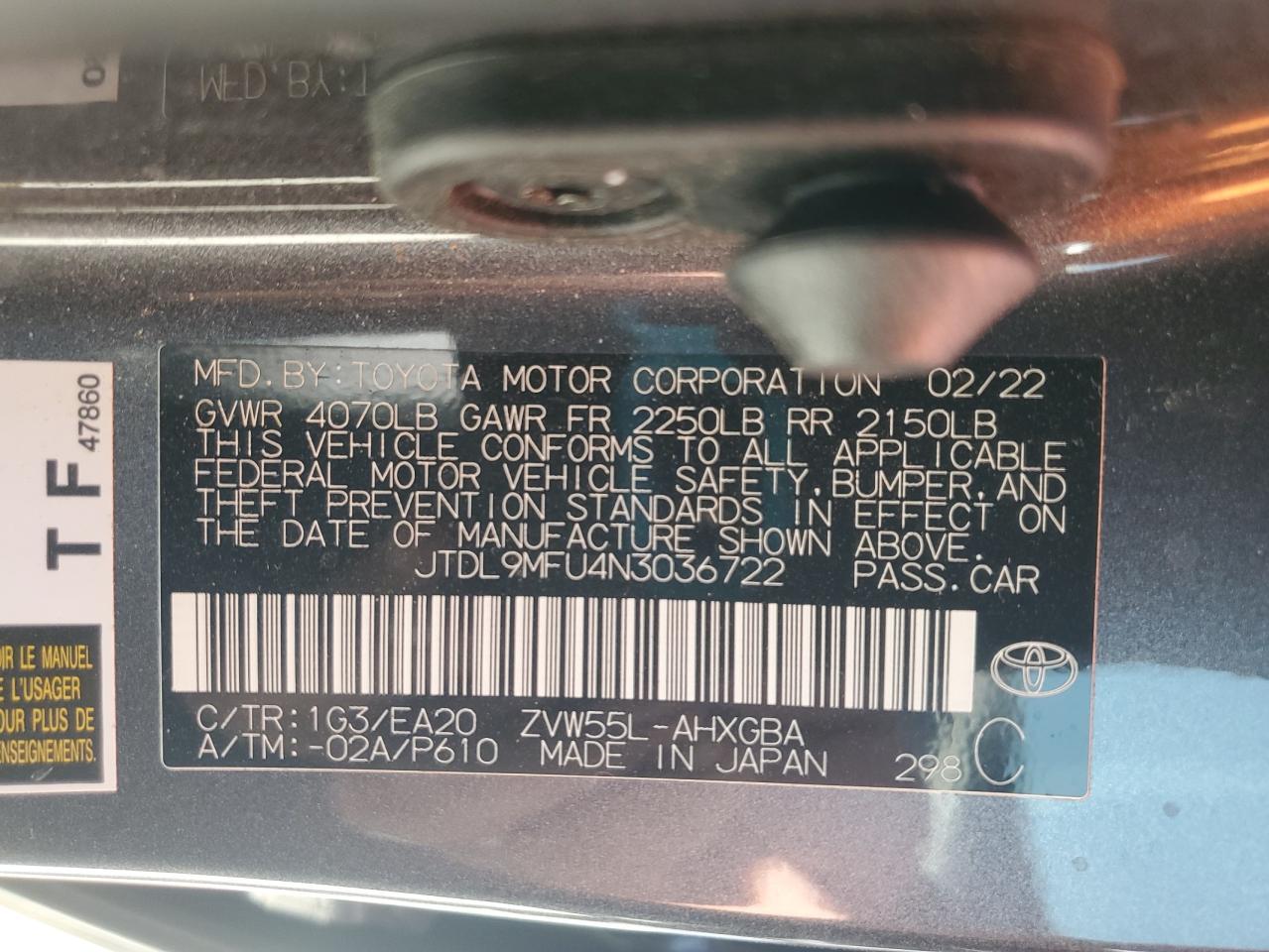 2022 Toyota Prius Le VIN: JTDL9MFU4N3036722 Lot: 80629155