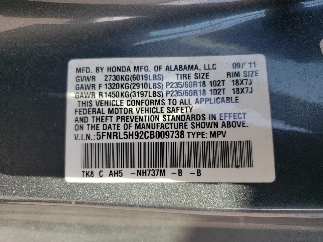 2012 Honda Odyssey Touring VIN: 5FNRL5H92CB009738 Lot: 83829385