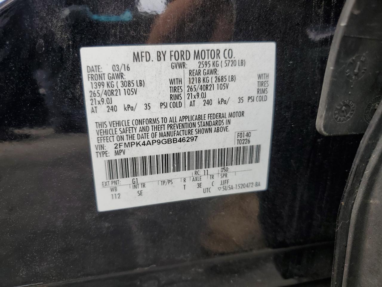 2016 Ford Edge Sport VIN: 2FMPK4AP9GBB46297 Lot: 80712655